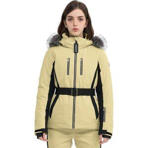 Women Light Khaki Ski Jacket Coat Belted Mountain Waterproof Winter